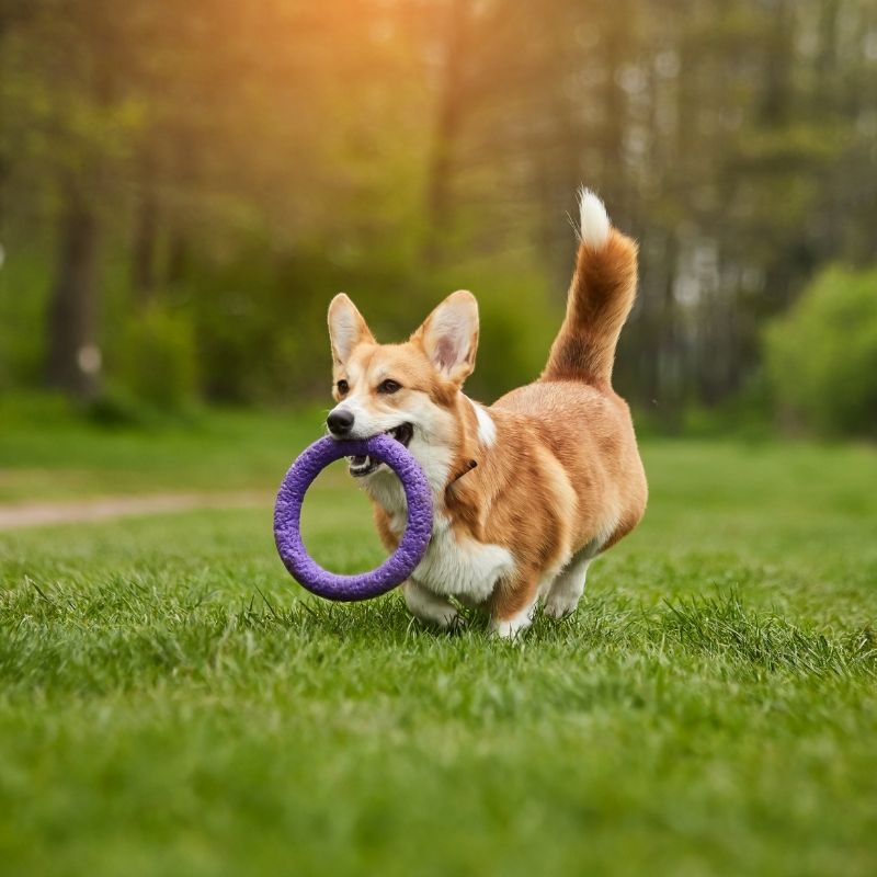 A corgi dog runs across a grassy field holding a purple ring toy in its mouth.